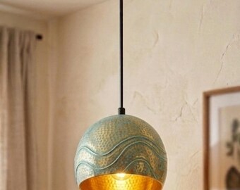 All gold-plated brassMarrakech Handcrafted Moroccan  Pendant Light: Blue Patina Dome Lamp