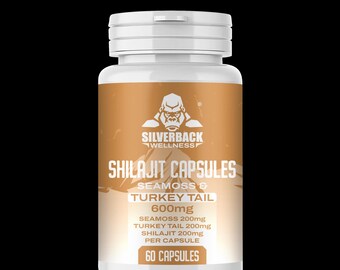 Cápsulas de Shilajit Silverback 36,000 mg con infusión de musgo de mar y cola de pavo - 60 cápsulas - 600 mg