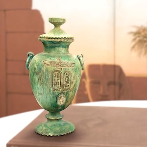 Egyptian Ceramic Vessel with Soapstone Scarab - Collectible Stone Urn