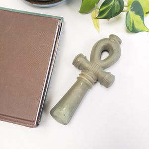 May include: A gray ankh symbol, a cross with a loop at the top, rests on a white surface. The ankh is next to a closed book with a brown cover and a green spine. Green and yellow leafy plants are in the background.