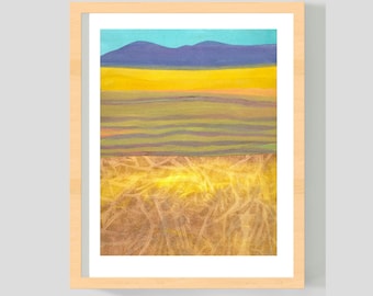 Mountains, Fields, Landscape Art Print - 'Golden Vista' - 8x10 inches - Painted Paper Collage