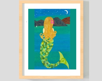 Mermaid Art Print - 'Moon Mermaid' - Blonde, Brown Haired Mermaid, 8x10 Inches - Painted Paper Collage