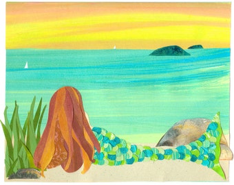 May include: A mermaid with long, red hair and a green, scaly tail sits on a sandy beach, looking out at the ocean. The ocean is a bright turquoise blue, and the sky is a soft yellow and orange.