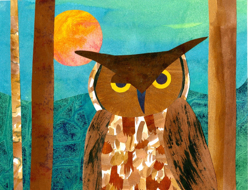 Owl Art Print, Night Owl - 8 x 10 Inches - Painted Paper Collage