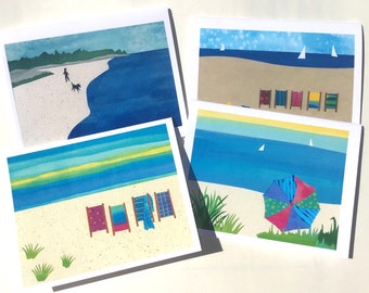 BEACH Art Note Cards - 4 Card Set- Blank Notecards Package of 4 Different Beach Designs