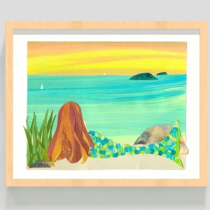 Mermaid Art Print 'Atlantic Mermaid' 8x10 Inches Redhead Mermaid on Beach image 1