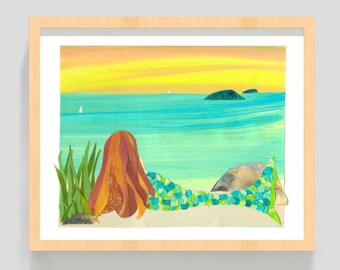 Mermaid Art Print - 'Atlantic Mermaid' - 8x10 Inches - Redhead Mermaid on Beach