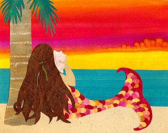 May include: A mermaid with long brown hair sits under a palm tree on a beach, holding a seashell to her ear. The ocean is behind her, and the sky is a vibrant orange and pink sunset.