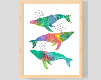 Whale Art Print- 'Spirit Whales' - 8x10 inches, Rainbow Humpback Whales, Painted Paper Collage