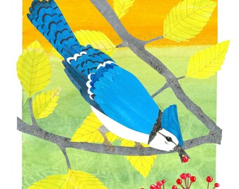 Blue Jay - Autumn Jay in Landscape - 8x10 Inches - Painted Paper Collage