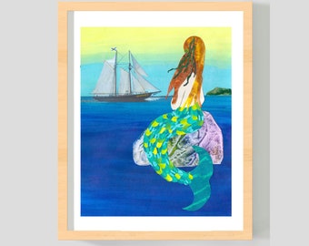 Mermaid Art Print - Red Haired Mermaid with Ship - 8x10 Inches -Painted Paper Collage