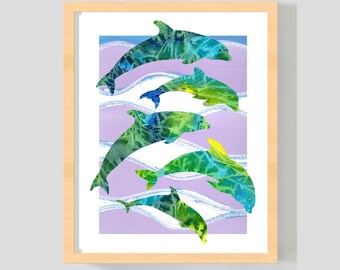 Dolphin Dance -Art Print in Blue, Green, Aqua, Navy, Dolphins with Waves, 8x10 Inches