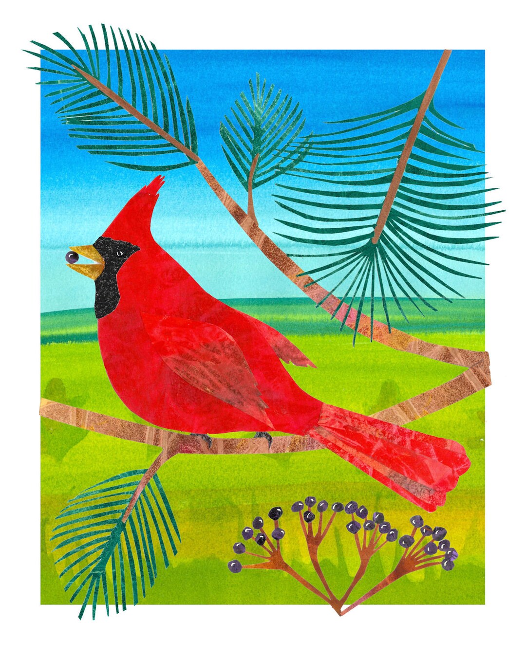 Cardinal in the Pines With Landscape - 8x10
