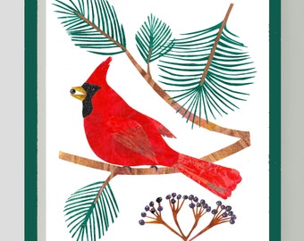 Cardinal in the Pines - 8x10" Print - Painted Paper Collage