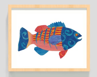 Fish Art Print: Fanciful Fish #4 - 8 x10 Inches - Colourful Fish Design with Red, Blue and Yellow - Painted Paper Collage