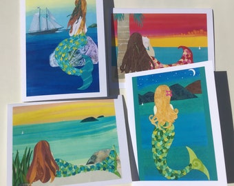 Mermaids - 4 Card Set- Blank Notes with Envelopes - Artist Info on Back - 4 Mermaid Designs