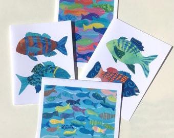 Fish Art Notes  - Package of 4 Different Fish Design Blank Cards - from Painted Paper Collage Original Artwork