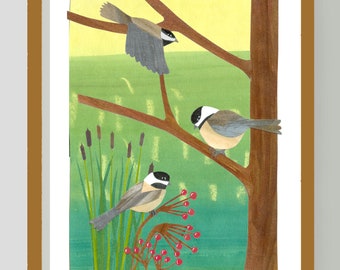 Chickadees- Bird Collage Art - 8x10 Inches - Chickadees with Landscape Background