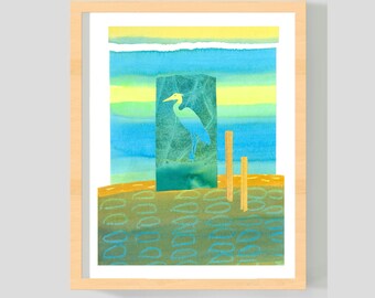 Heron Art Print - Abstract Landscape with Heron Standing in Marsh - Painted Paper Collage - 8x10" Print