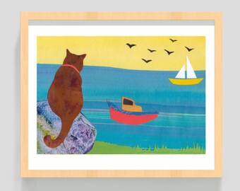 Cat Art Print -  8x10 Inches -Painted Paper Collage - 'Cove Cat'