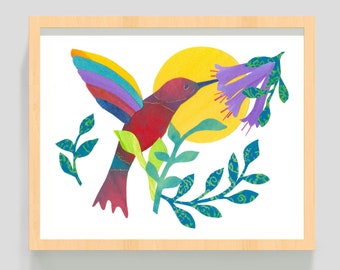 Hummingbird Art Print - 8x10 Inches, Colourful Hummingbird with Tropical Flowers & Sun - Painted Paper Collage