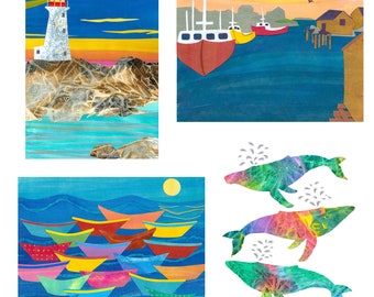 OCEAN - 4 Card Set- Ocean Designs- Pkg. of 4 Designs Lighthouse, Boats, Whales
