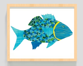 Fish Art Print -Fanciful Fish #5 - 8 x10 inches - Colourful Fish Design with Aqua, Green and Blue