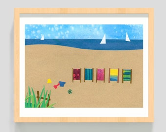 Beach Art Print - 8x10 Inches - Beach Chairs by the Ocean - Painted Paper Collage