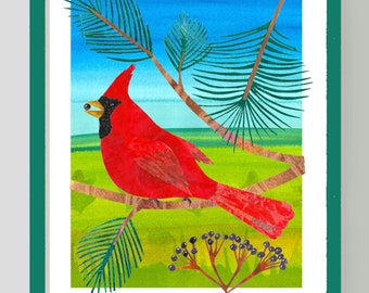 Cardinal in the Pines with Landscape - 8x10" Print - Painted Paper Collage