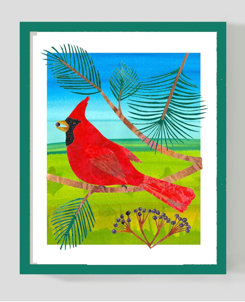 Cardinal in the Pines With Landscape - 8x10