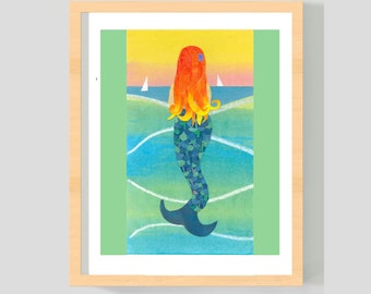 Mermaid Art Print - Mermaid with Gold Red Hair - Painted Paper Collage - 8x10 Inches