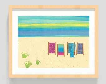 Beach Art Print - On the beach II - Beach Chairs- 8x10 Inches - Painted Paper Collage