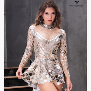 Mirror Party Dress Beige – Silver Sequin & Mirror dress, Rhinestone Festival dress Rave Outfit SexyBodysuit, Performance Wear, sexy clubwear