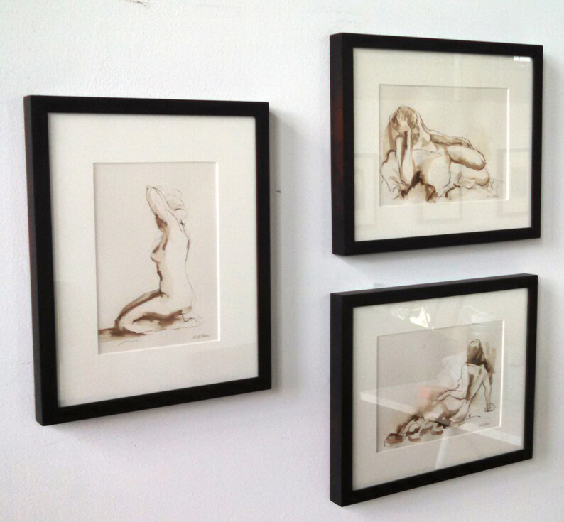 Original Framed Yoga Wall Art Yoga Pose Seated Twist Pen and Ink Drawing