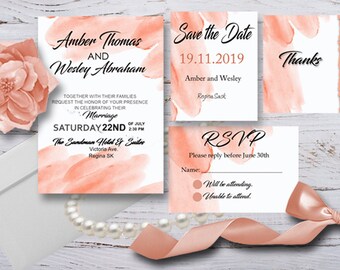Coral Watercolor Wedding  Invitation Package Editable and Printable  Download