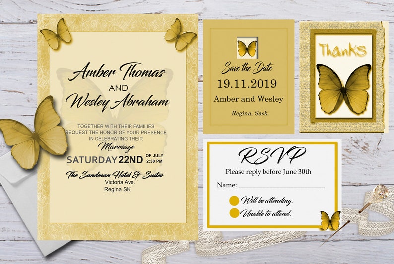 Digital Gold Butterfly Design Wedding Invitation Package Editable