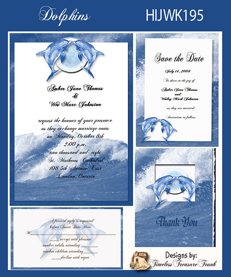 Dolphins Design Wedding Invitation Package Editable Download
