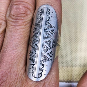 Handmade Tuareg Shield Ring 925 Sterling Silver, Ethnic Berber Long Ring, African Tribal Jewelry, Saharan Nomad Engraved Ring, Unique Gift
