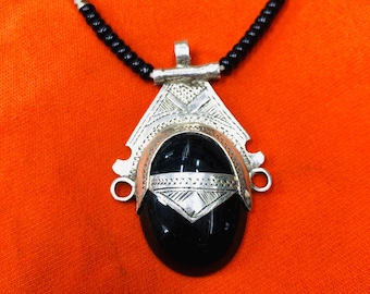 Ethnic Silver Necklace with Black Beads and Natural Stone Pendant