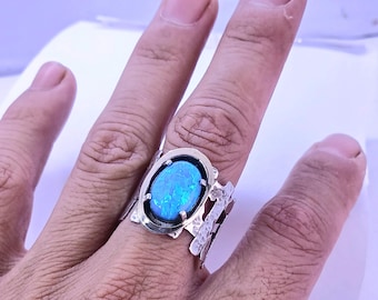 Textured sterling silver ring with blue opal, raw and modern design