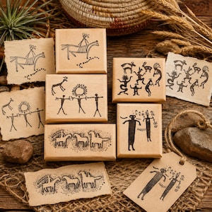 5 Petroglyph Rock Art - People Horses New Mounted Rubber Stamps