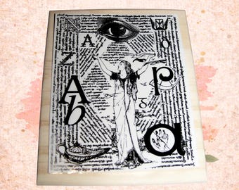 Large Collage Rubber Stamp – Mystical Maiden, Eye, Alphabet, Lamp Background