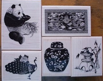 5 ASIAN THEMED, Panda bear, peacock, lantern New Mounted Rubber Stamps