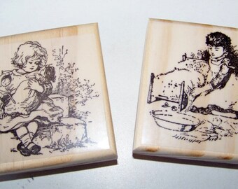 2 Vintage Children new mounted rubber stamps