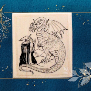 Wizard and Dragon Rubber Stamp - Deep Etched - 2x2.5 Inches
