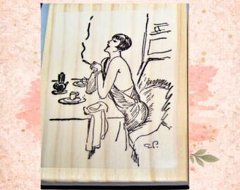 Rubber Stamp Naughty French Lady, Eve Dining at Table Stamp Smoking Lady