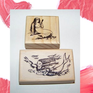 Mermaid Rubber Stamps: Deep Etched Art Stamps on Wood