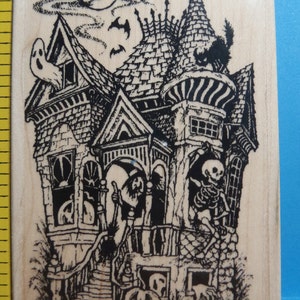 Spooky Haunted House Halloween Rubber Stamp: Detailed Wood Mount Crafting Supply image 5