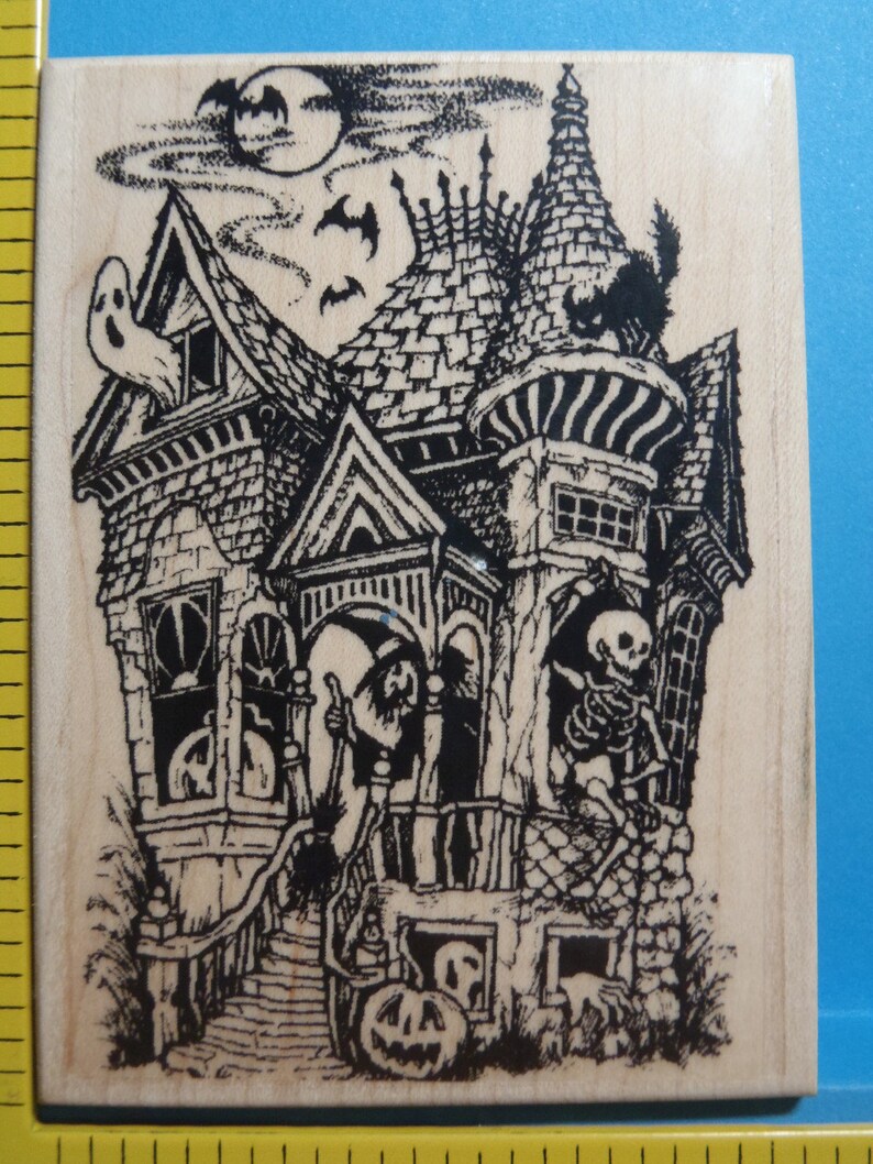Spooky Haunted House Halloween Rubber Stamp: Detailed Wood Mount Crafting Supply image 5