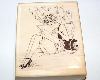 Rubber Stamp Naughty French Lady, Monica Reading in Bed Lady Rubber Stamp French Stamp